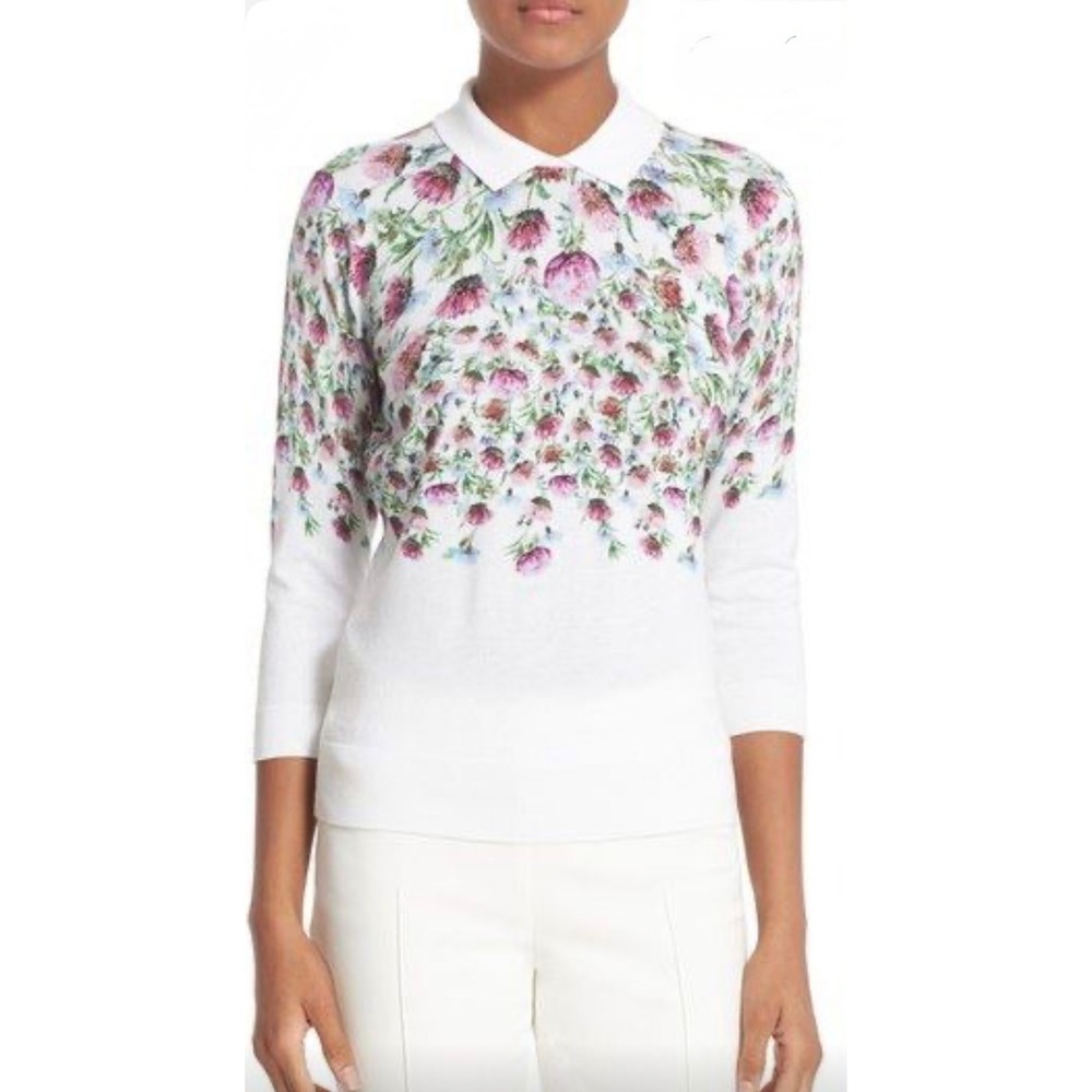 Ted Baker Top Karn White Floral Polo Sweater 3/4 Sleeve Sz 5 US L Thistle Print